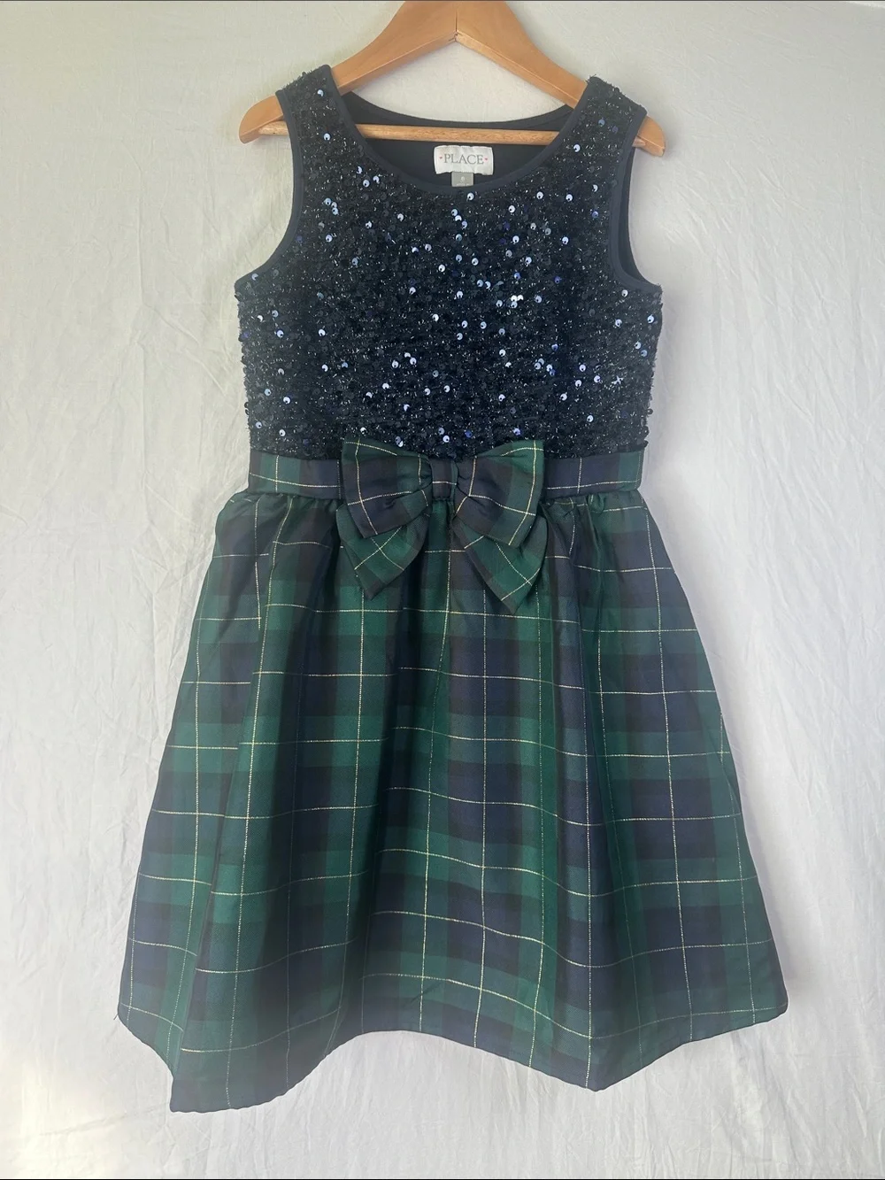 The Children's Place Navy Sequin Bodice Green Plaid Bow Party Dress